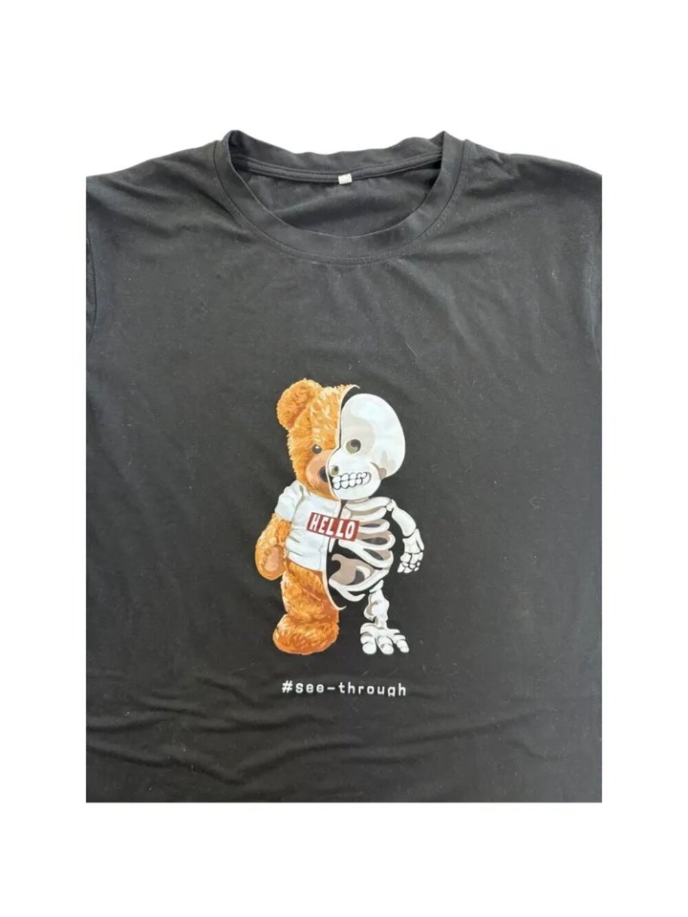 Hello Bear Half Skeleton Graphic Black T-Shirt #See-Through Size M